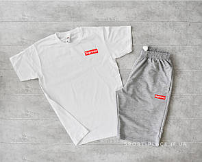 Літній комплект шорти і футболка Supreme (біла футболка , світло сірі шорти) маленький логотип