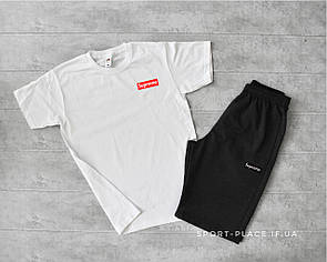 Літній комплект шорти і футболка Supreme (біла футболка , темно сірі шорти) маленький логотип