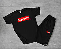 Літній комплект шорти і футболка Supreme (чорна футболка , чорні шорти) великий логотип