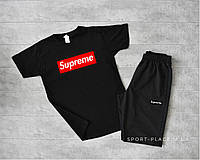 Літній комплект шорти і футболка Supreme (чорна футболка , темно сірі шорти) великий логотип