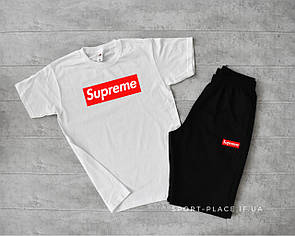Літній комплект шорти і футболка Supreme (біла футболка , чорні шорти) великий логотип