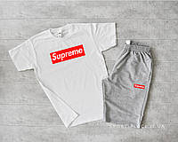 Літній комплект шорти і футболка Supreme (біла футболка , світло сірі шорти) великий логотип