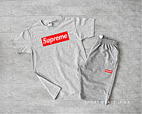 Літній комплект шорти і футболка Supreme (сіра футболка , світло сірі шорти) великий логотип