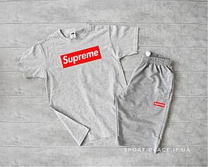 Літній комплект шорти і футболка Supreme (сіра футболка , світло сірі шорти) великий логотип