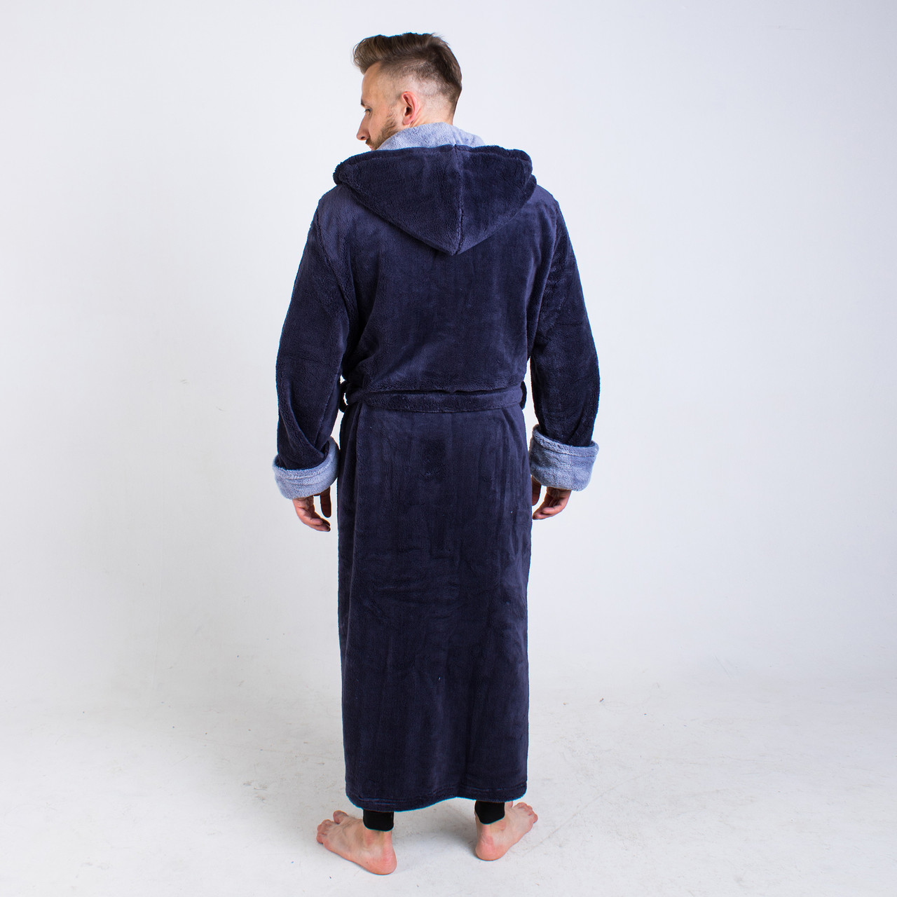 Теплый мужской махровый халат с капюшоном серый, длинный банный, халат с карманами и воротником халат с поясом - фото 5 - id-p449035800