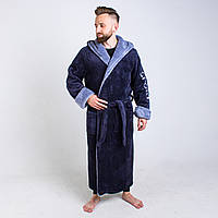 Теплый мужской махровый длинный халат с капюшоном серый с светло-серым воротником 6XL(62/64)