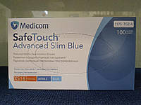Рукавички XS нітрилові Перчатки Medicom SafeTouch Advanced Slim Blue ГОЛУБЫЕ х 100 шт.уп.
