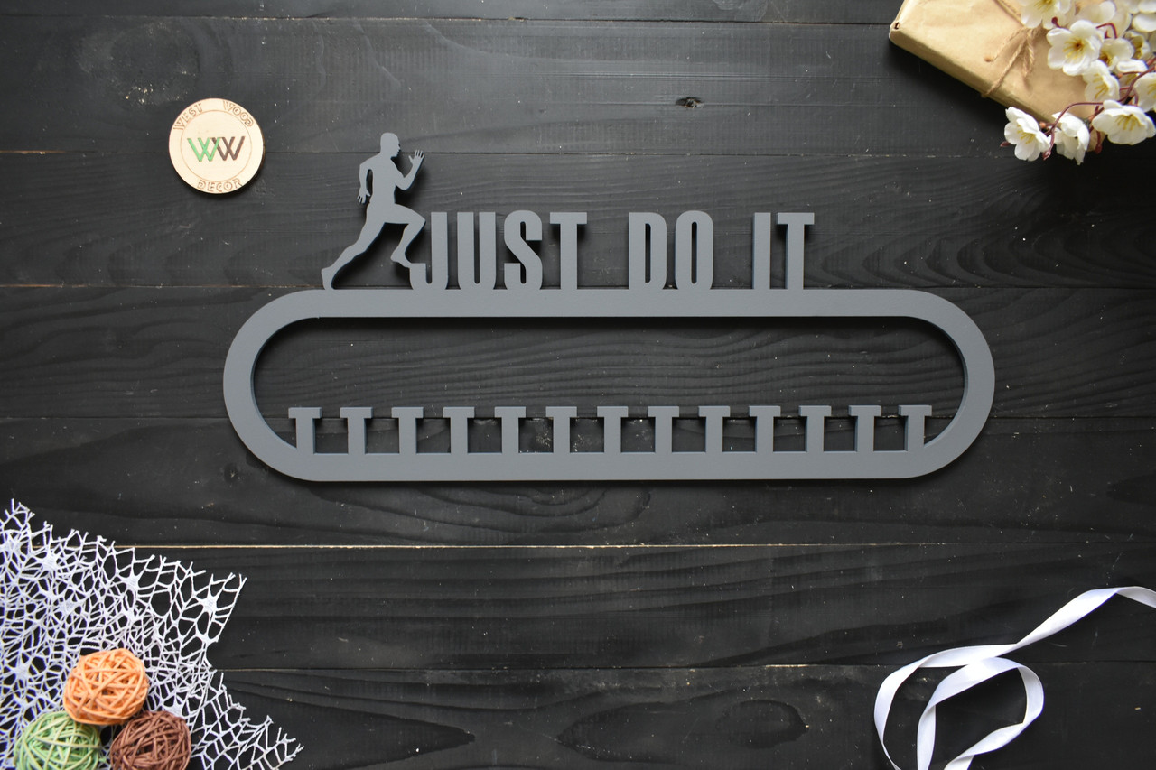 Сіра медальниця, вішалка для медалей "Just do it. Біг. Легка атлетика", з дерева, фото 1