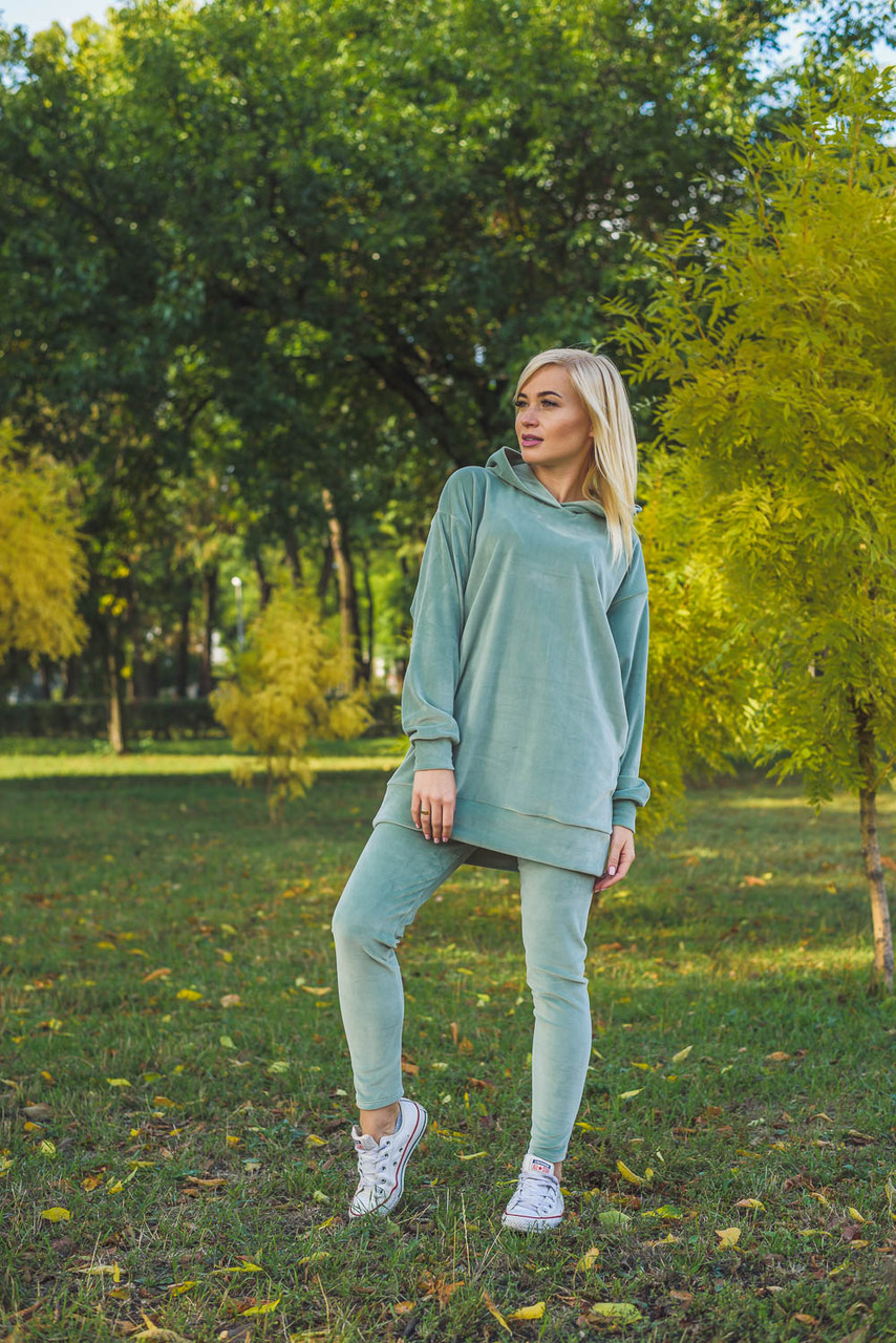 Велюровый костюм женский худи+лосины олива