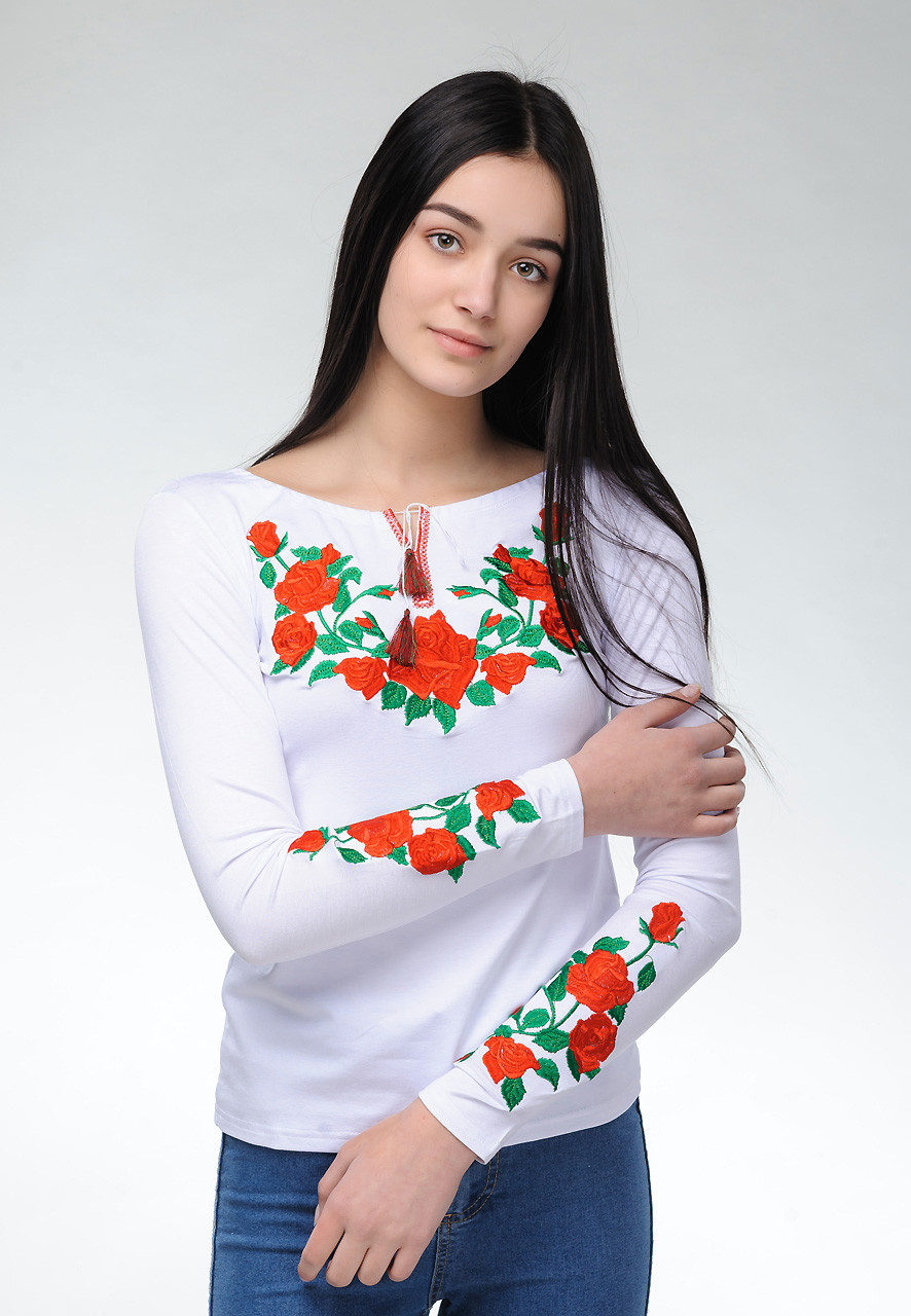 Модная белая женская футболка с длинным рукавом с вышивкой цветами «Роза» - фото 1 - id-p549812513
