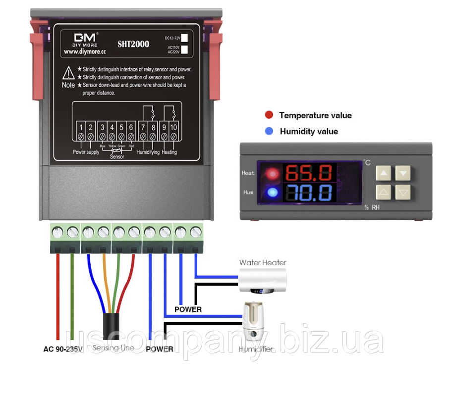 Цифровой регулятор температуры и влажности SHT2000 с датчиком, -20°C +60°C, влажность 0-100%RH, 220В два реле - фото 3 - id-p1277842292
