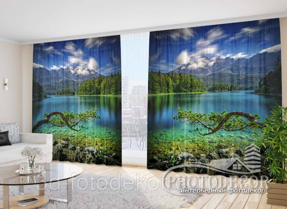 Фото Штори "Блакитне озеро в горах 4" 2,7м*2,9м (2 полотна по 1,45м), тасьма, фото 1