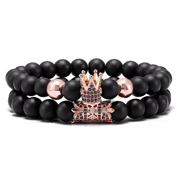 Чоловічий Браслет BlackPink Корона і Руна з натурального чорного каменю, Рожеве золото, фото 1