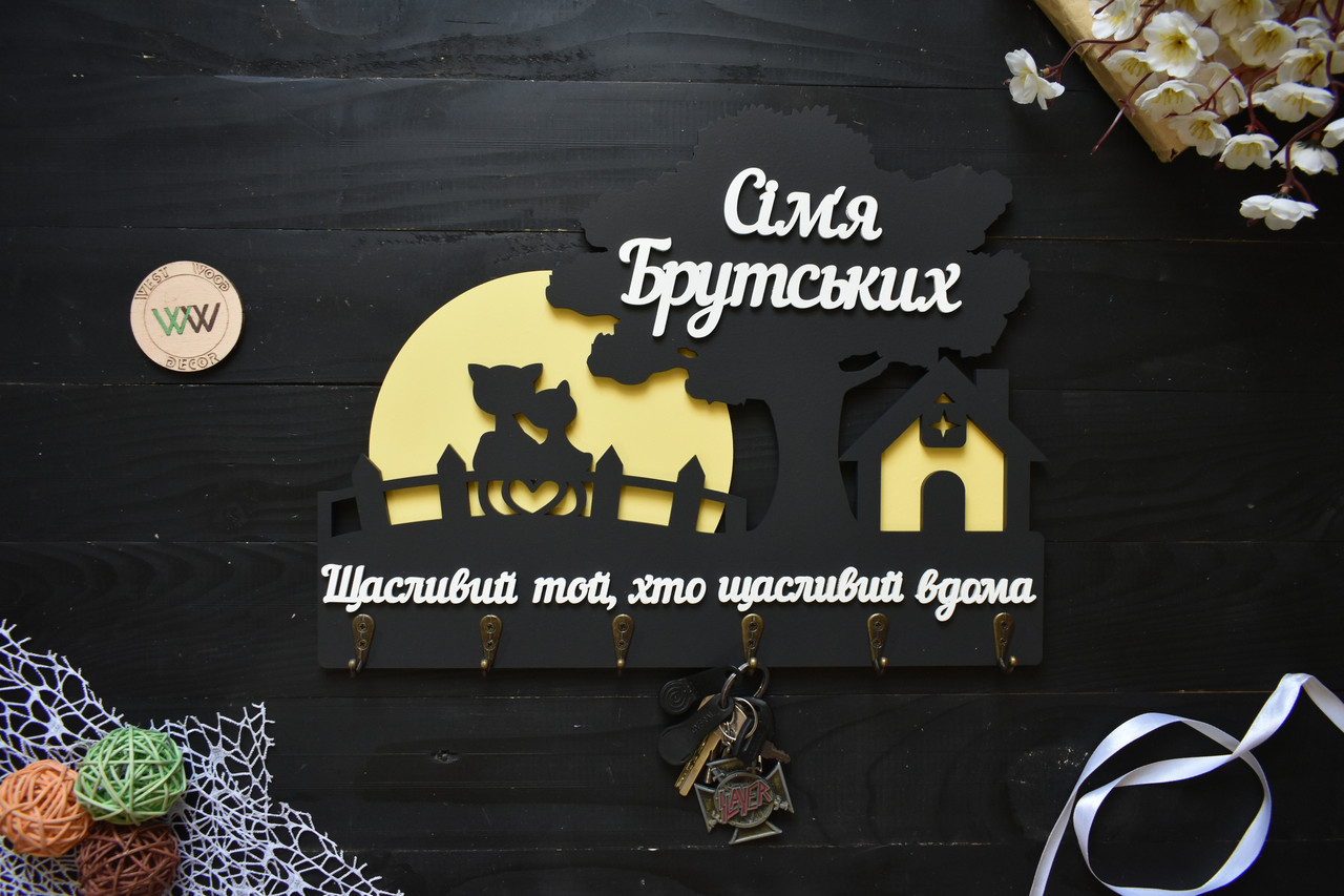 Настінна іменна ключниця з дерева "Щасливий той, хто щасливий удома" з місяцем і деревом, фото 1