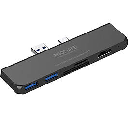 USB-C хаб 6-в-1 Promate SurfaceHub-7 HDMI/2xUSB 3.1/USB-C 3.1/SD/MicroSD Black (surfacehub-7.black)