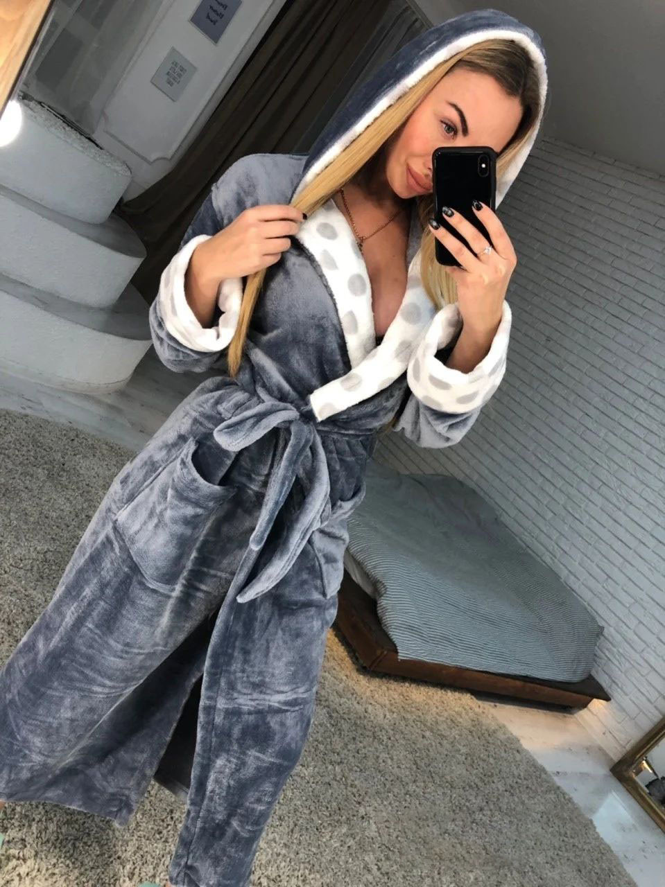 Жіночий довгий махровий халат сірого кольору з капюшоном хіт продажів 2025