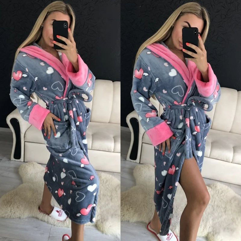 Гарний теплий жіночий довгий махровий халат із серцями, фото 1