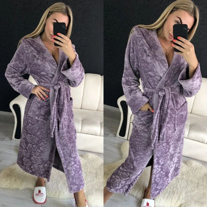 Теплий довгий халат для дому з плюшу з капюшоном у квіточку, фото 1