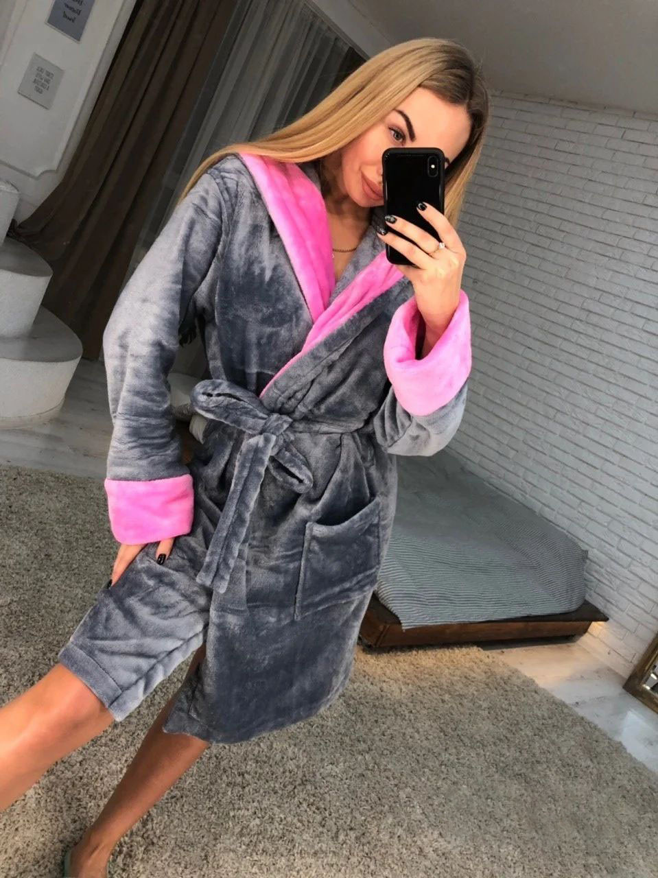 Халат теплий для дому з поясом і капюшоном, фото 1