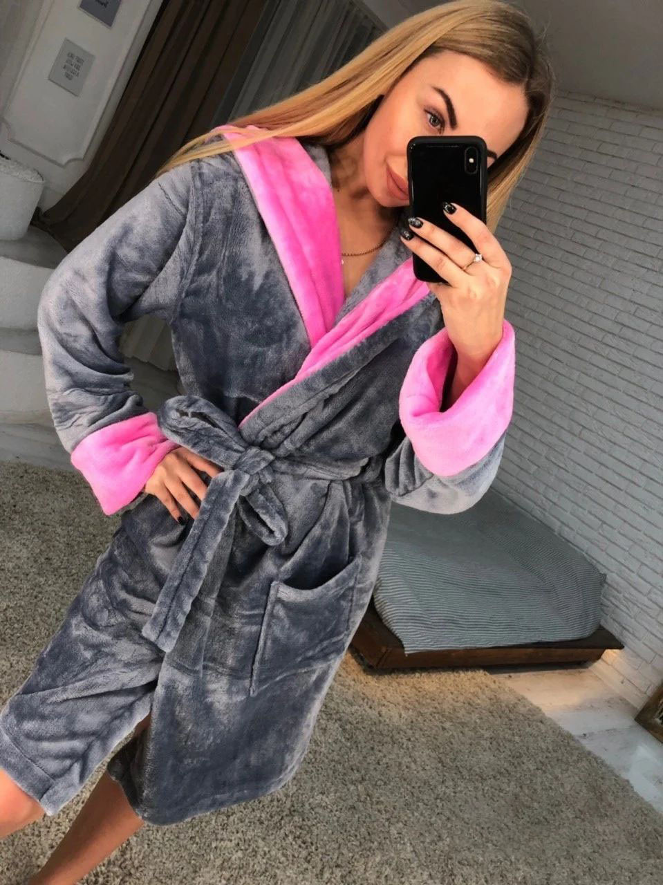 Халат теплий для дому з поясом і капюшоном, фото 1