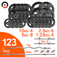 Набор 123 кг для силовых тренировок: Грифы, гантели, чугунные диски (комплект 4)