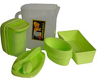 Пластиковый набор для пикника на 6 персон MHZ R30214, 35 предметов в кейсе, зеленый