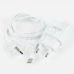 Мережевий зарядний пристрій з кабелем Type-C - Aspor A818 Plus, колір білий, 2.4 A