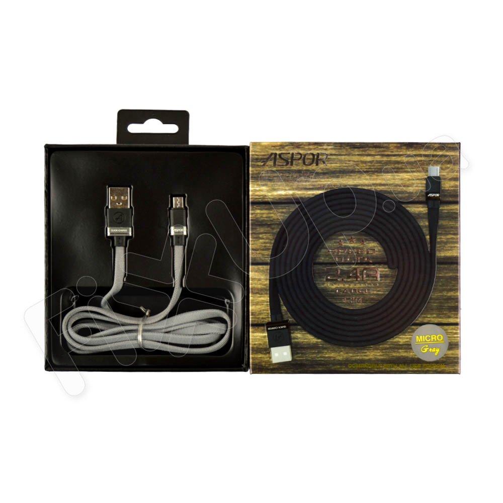 Micro-USB кабель Aspor Speed Data 2.4 A, колір сірий, 1.2 м