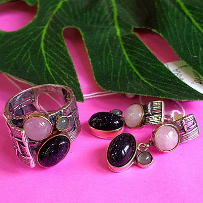 Срібний комплект: кільце і сережки з авантюрином і рожевим кварцом