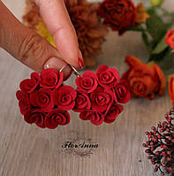 Червоні сережки квіти з полімерної глини "Червоні кругові троянди"