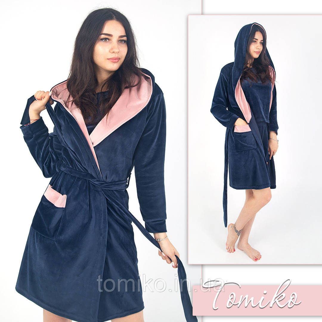 Халат жіночий велюровий на запах із капюшоном королівський синій, фото 1