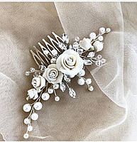 Весільний гребінь із трояндами з полімерної глини, перлами шоколаду для зачіски