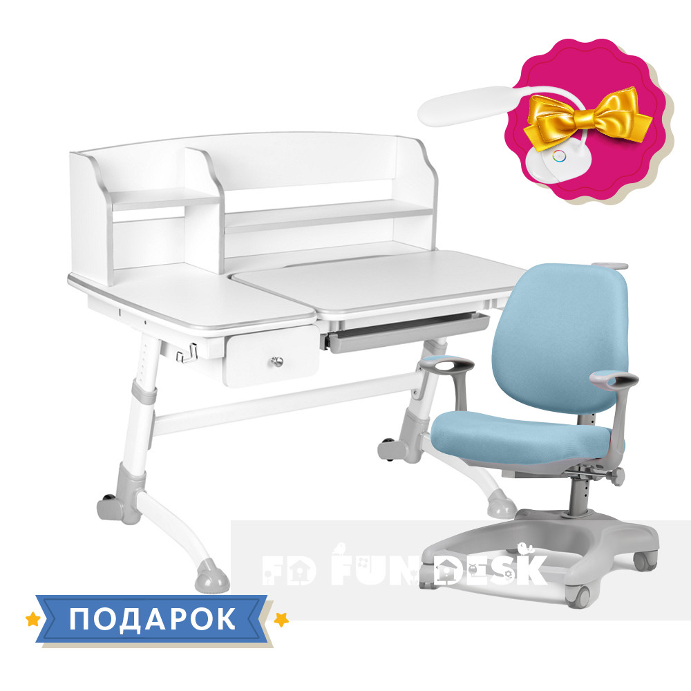 Універсальний комплект для дитини парта FunDesk Amare Grey II + ортопедичне крісло FunDesk Delizia Blue, фото 1