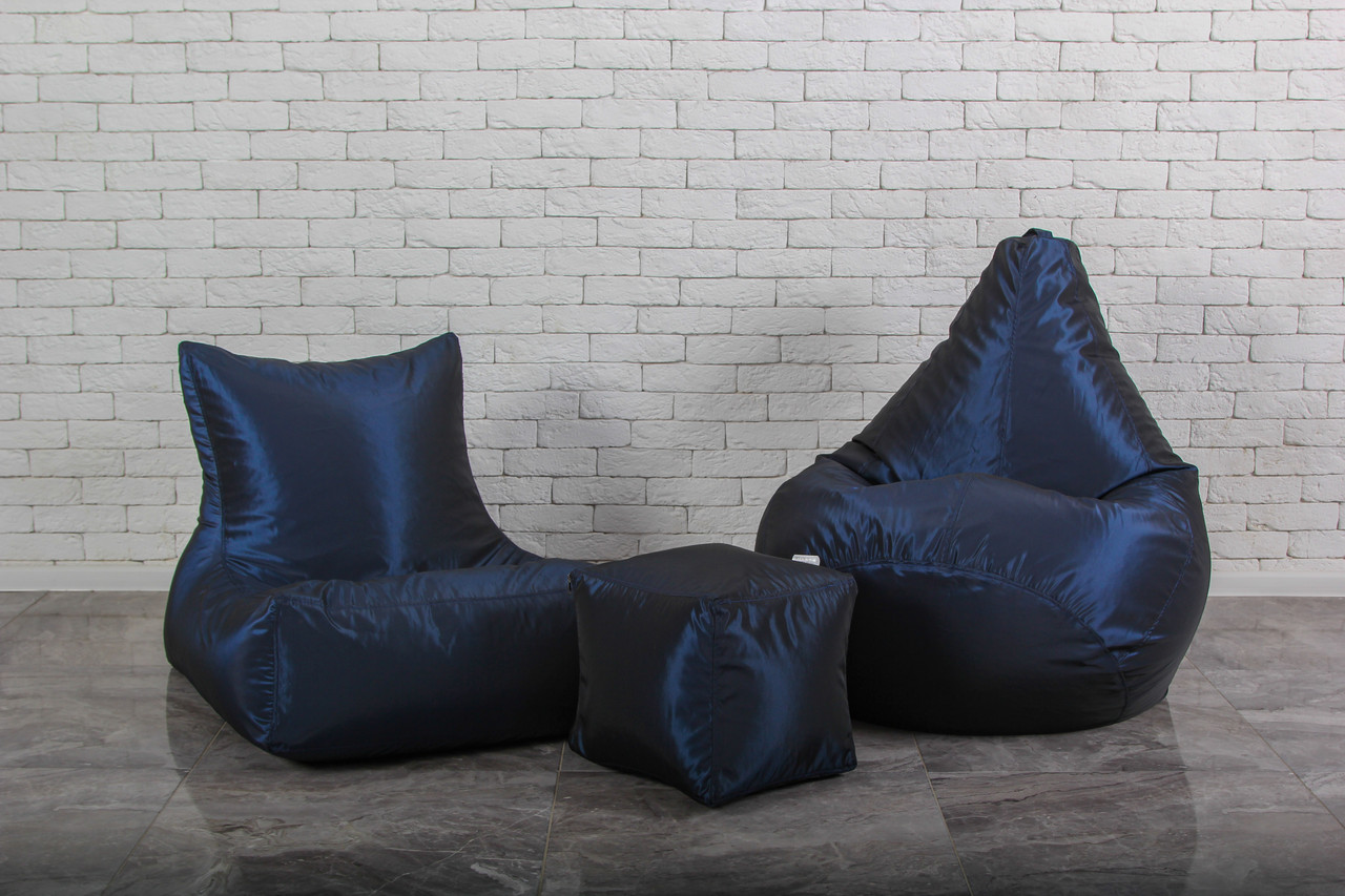 Набір безкаркасних м'яких меблів темно-синього кольору (крісло груша, диван, пуф)