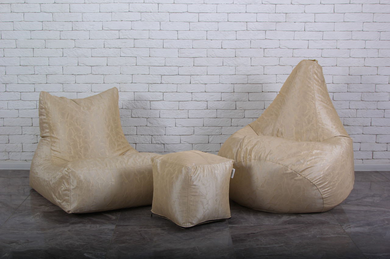 Набір безкаркасних м'яких меблів бежевого кольору (крісло груша, диван, пуф)