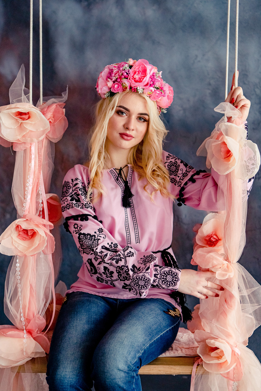 Вишиванка жіноча Мелодія рожева  домоткане полотно, фото 1