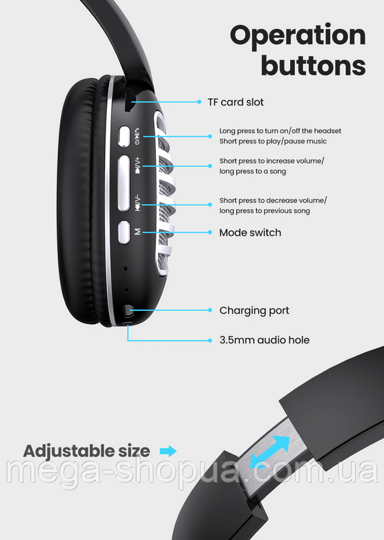 Наушники и гарнитура беспроводные Bluetooth блютуз большие HP033 / MP3 плеер, FM, Черные - фото 3 - id-p1278623972