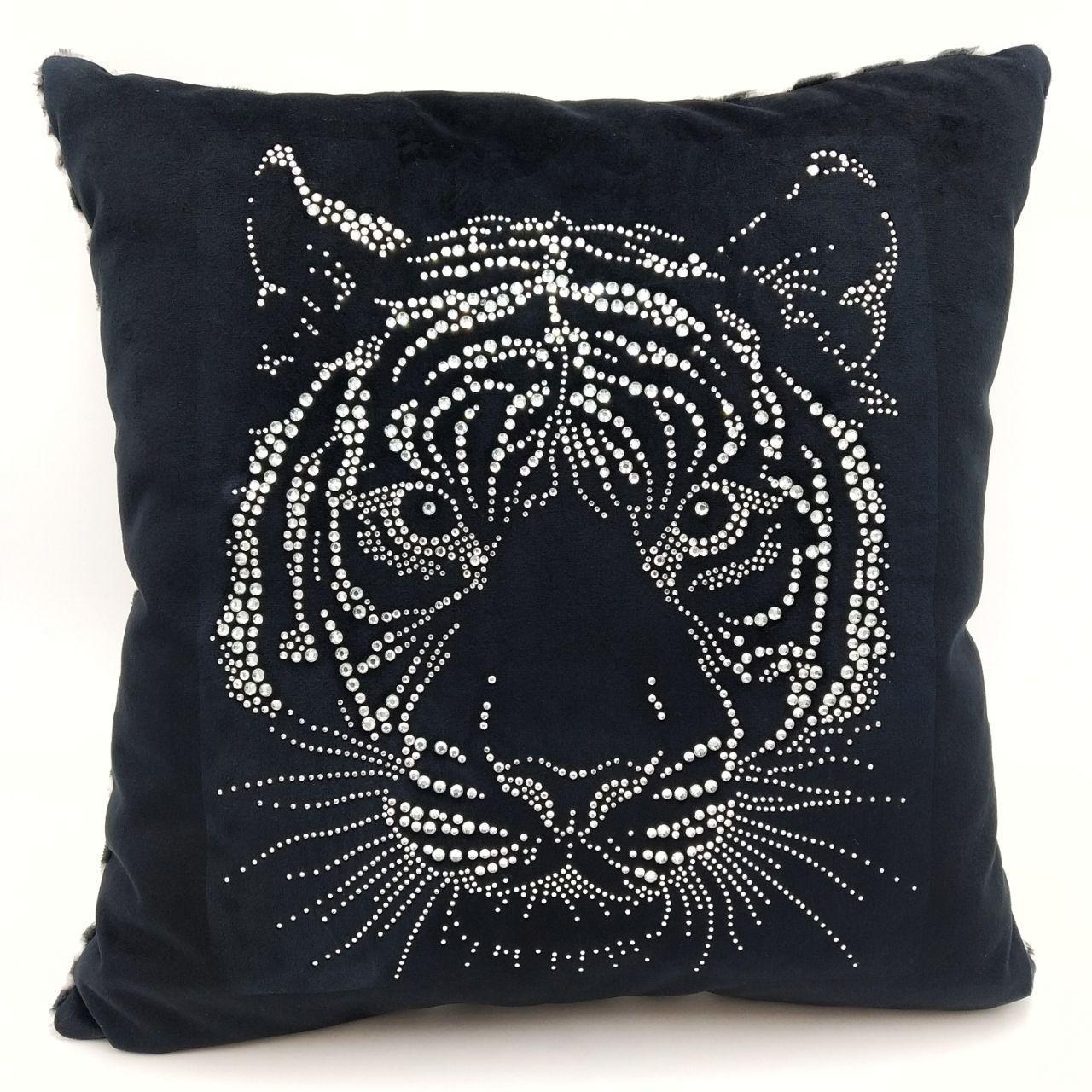 Декоративна двостороння подушка в автомобіль з аплікацією зі стразів тигр, фото 1