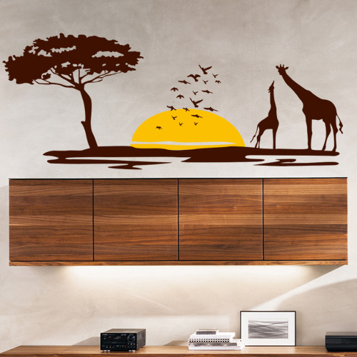 Інтер'єрна вінілова наклейка на стіну Африканські сафарі (закат, сонце, жираф, савана)