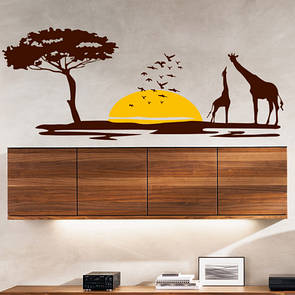 Інтер'єрна вінілова наклейка на стіну Африканські сафарі (закат, сонце, жираф, савана)