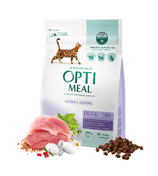 Сухий корм Optimeal (Оптимил) для дорослих котів з ефектом виведення шерсті з качкою, 200 гр