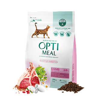 Сухий корм Optimeal Оптимил для дорослих котів з чутливим травленням з ягням, 200 гр