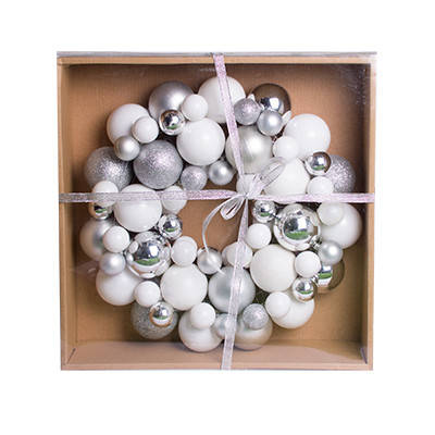 Декоративний вінок, 34 см, з кульок, пластик, мікс кольорів: білий і срібло, фото 2