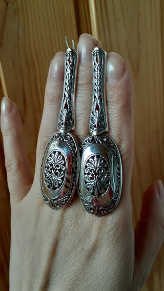 Срібні ажурні сережки підвіски овальні форми, фото 1