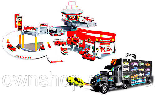 Детский реалистичный гараж , 2 уровня, 10 машинок, 2 вертолета, трейлер (49 см), вертолетная площадка, P877-A - фото 2 - id-p1278820521