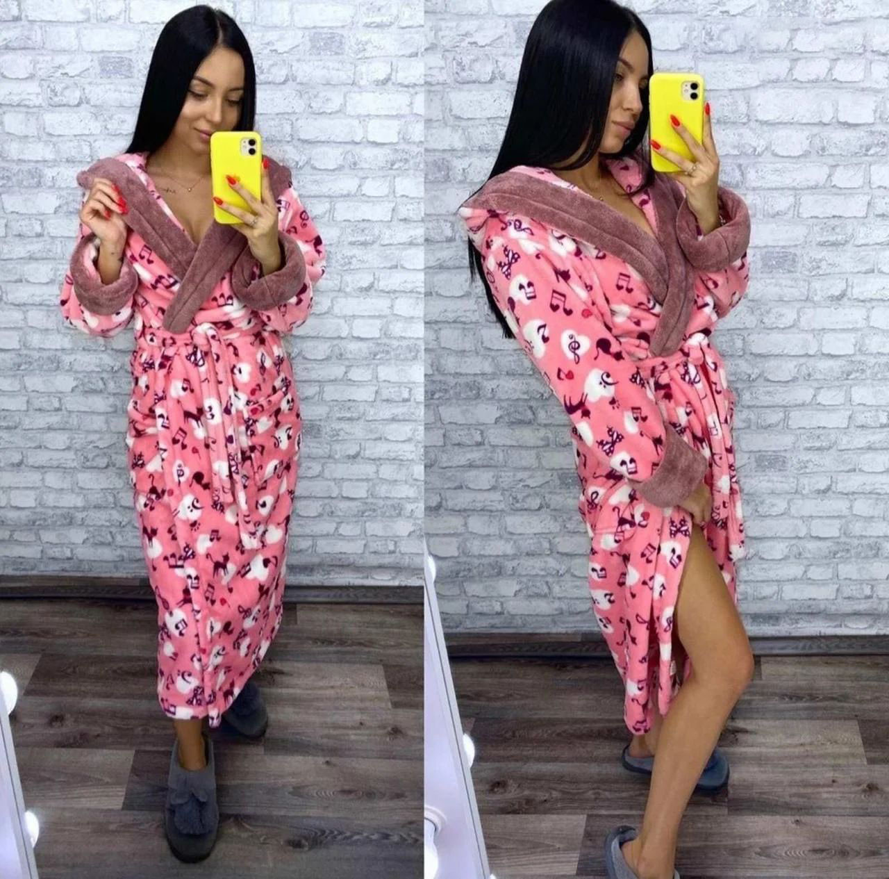 Жіночий довгий махровий халат із капюшоном хіт продажів із котками, фото 1