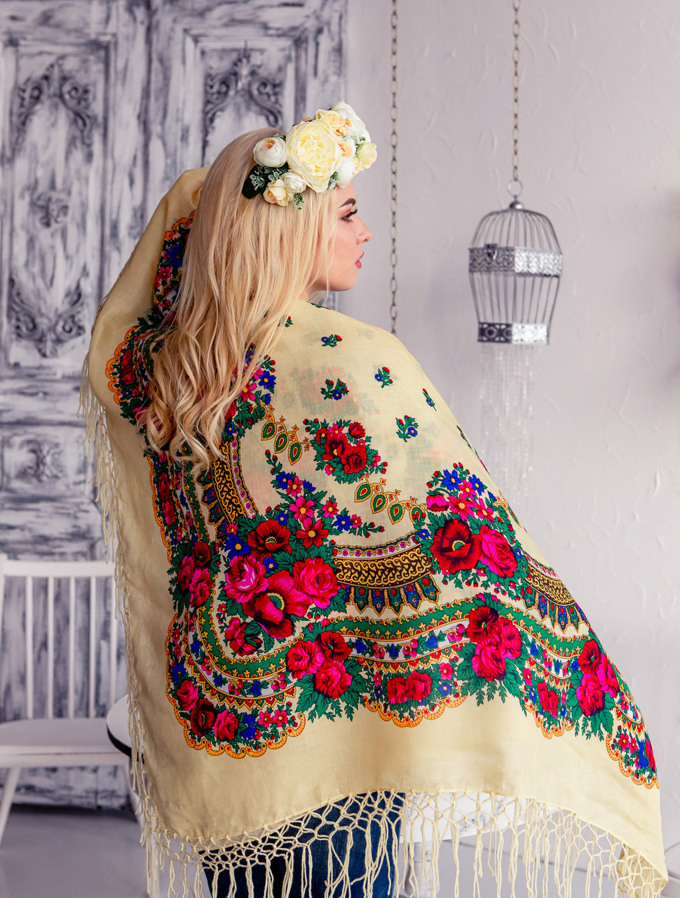 Українська хустка (125×125) бежева, фото 1