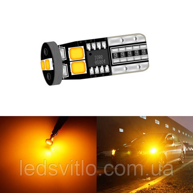 Автомобільна LED лампа T10 W5W 12V 6smd 2835 світлодіодна з драйвером, жовтий колір світла