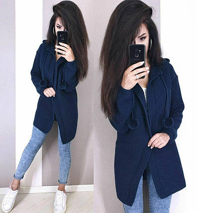 Теплий кардиган машинний в'язання з капюшоном і бубонами, фото 1