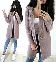 Теплий кардиган машинний в'язання з капюшоном і бубонами, фото 3